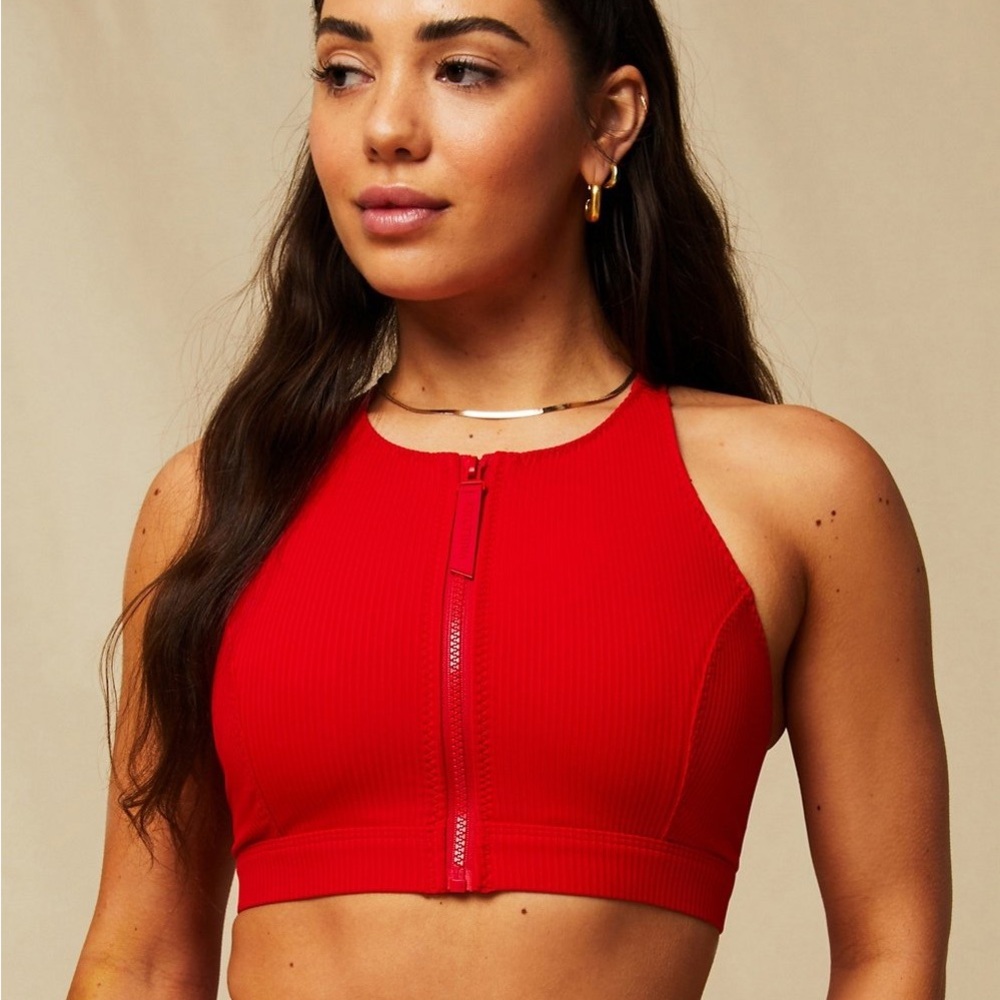 Fabletics High Tide Zip Front Swim Top Heated Red Size Medium